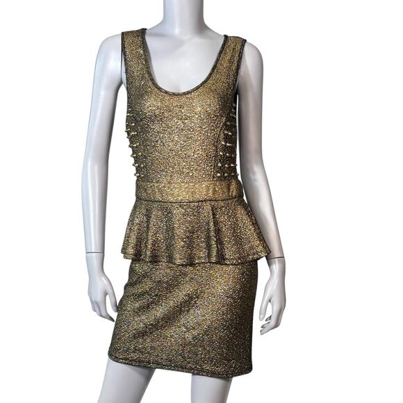 VTG Y2K A'gaci Metallic Gold Studded Peplum Mini Dress Size S Punk Rock Glam - Picture 2 of 8